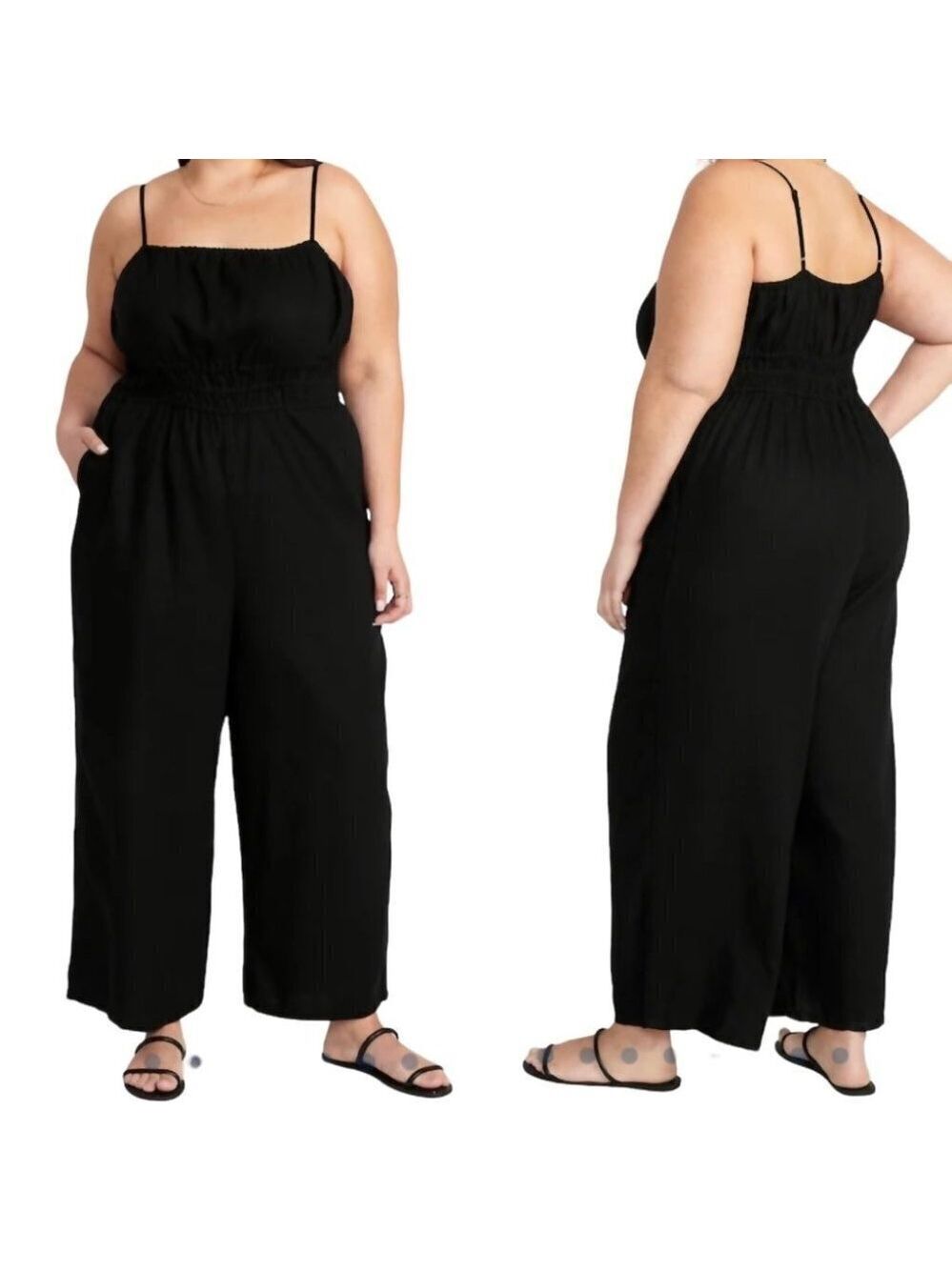 * Emma and Michele Black Linen Blend Wide Leg Tie Waist Jumpsuit Size 16